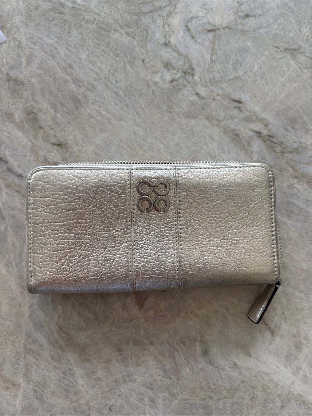 Coach Authentic Metallic Gold Zip-Around Wallet with Silver Logo Accent - Picture 2 of 14